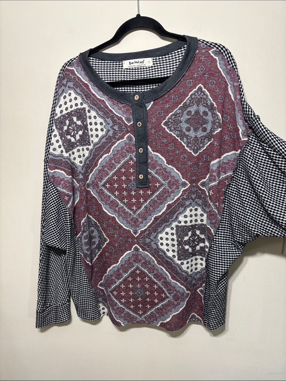 Three Bird Nest Mixed-Print Long Sleeve Henley in Burgundy, Black, Cream